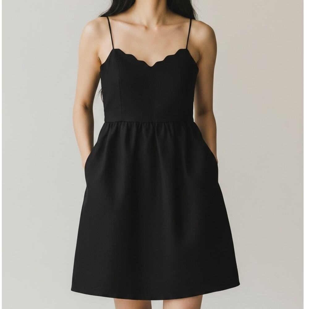 J.Crew Scalloped Neckline Spaghetti Strap Mini Dress Lined Pockets ZipUp 4 Black